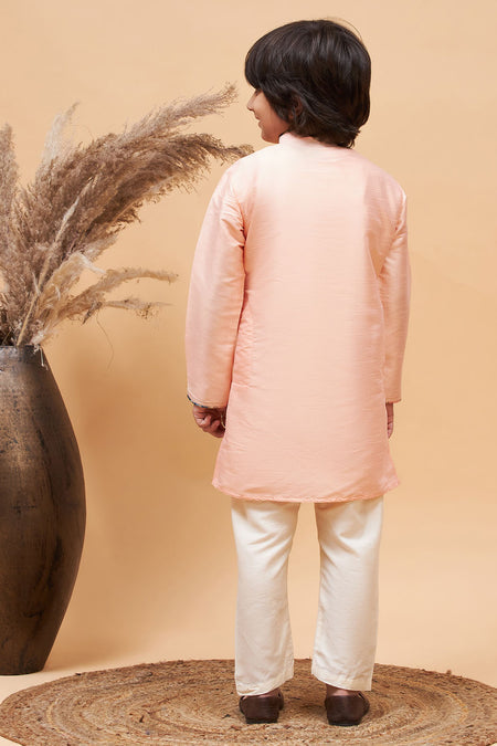 VASTRAMAY Peach Silk Kurta And Pyjama Baap Beta Set